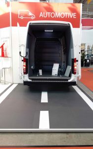 Con-Pearl van flooring and side linings were shown in a real sprinter exhibit; the street is made of our van flooring Strong material